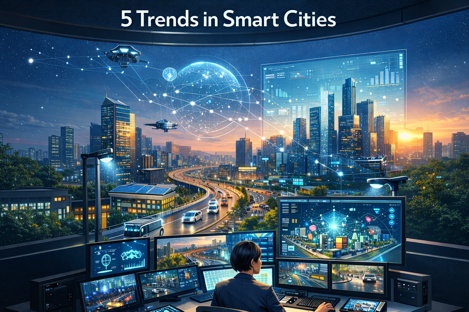 Urban skyline with smart city data overlays